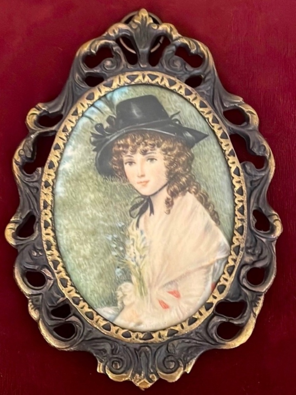 Vintage Silk Print In Brass Frame